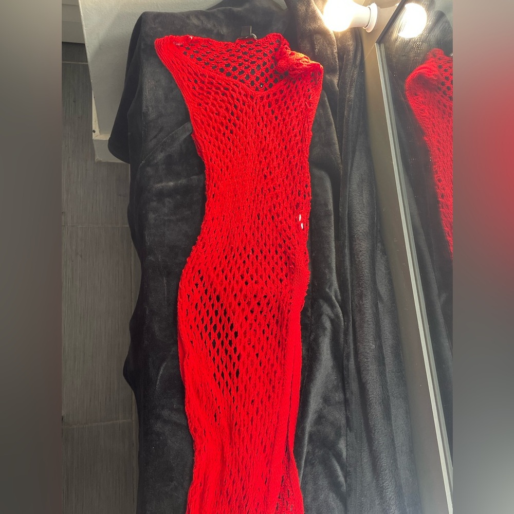 PrettyLittleThing Vibrant Red Mesh Dress swim cover up